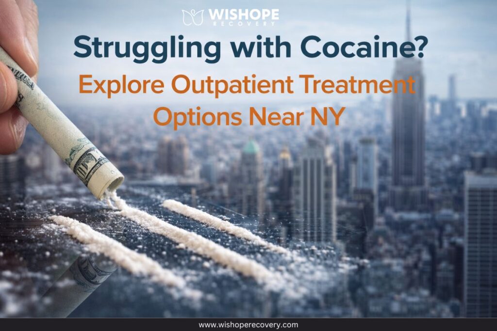 Visual promoting outpatient treatment for cocaine addiction near NY with urban skyline.