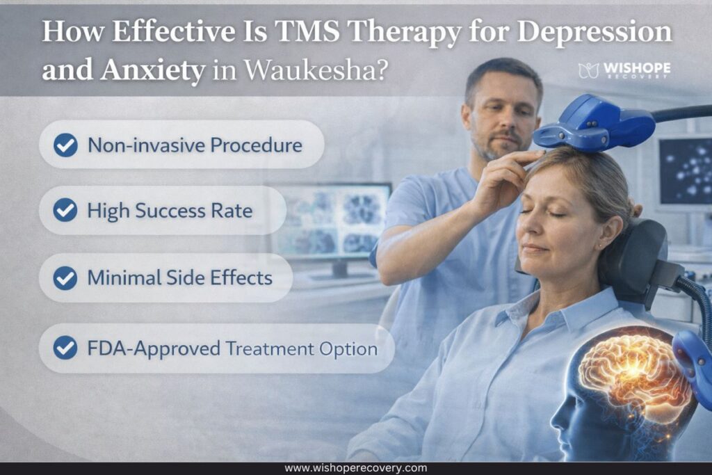 TMS therapy for depression and anxiety in Waukesha with non-invasive treatment benefits highlighted.