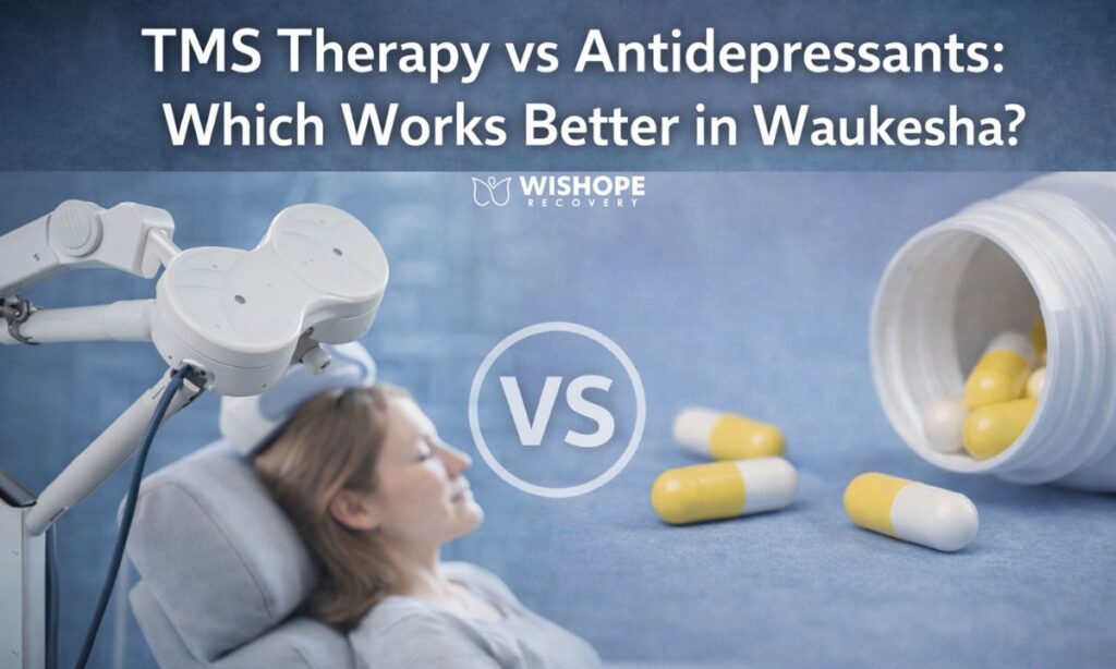 TMS therapy vs antidepressants comparison for depression treatment in Waukesha.