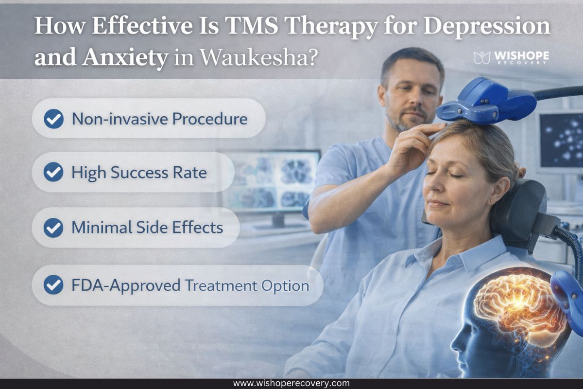 TMS therapy for depression and anxiety in Waukesha with non-invasive treatment benefits highlighted.