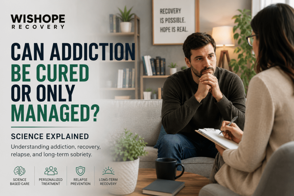 Therapist counseling a patient during an addiction recovery session discussing long-term addiction management and recovery.