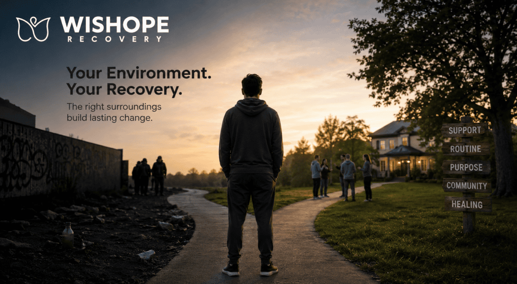 Person walking from a high-risk environment toward a supportive recovery community, illustrating how environment impacts addiction recovery success.