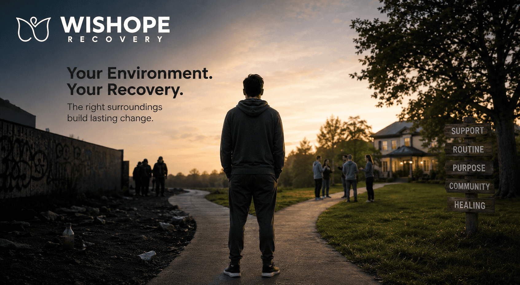 Person walking from a high-risk environment toward a supportive recovery community, illustrating how environment impacts addiction recovery success.