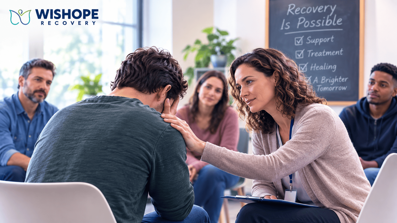 Counselor supporting a person during addiction recovery treatment