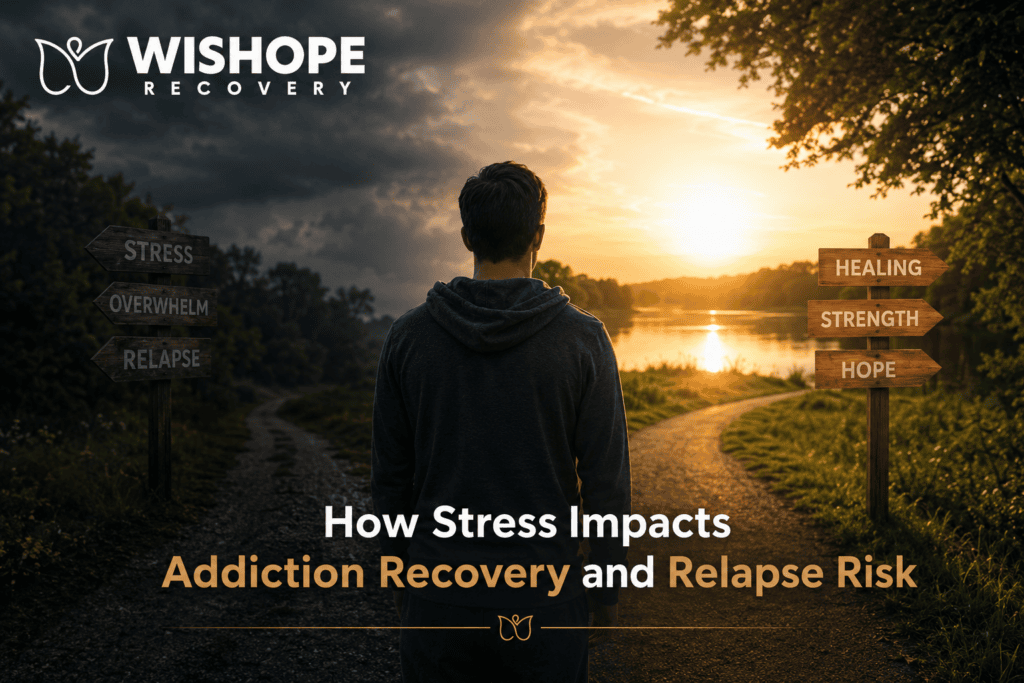 Person reflecting on stress and addiction recovery near a peaceful path