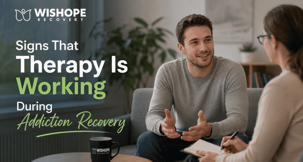 A therapist talking with a patient during an addiction recovery counseling session, representing signs that therapy is working during addiction recovery at WisHope Recovery.